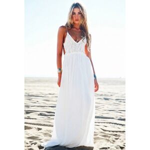 Ethereal Backless Beachy Boho Chic Maxi Dress Wedding Crochet Lace White Size S